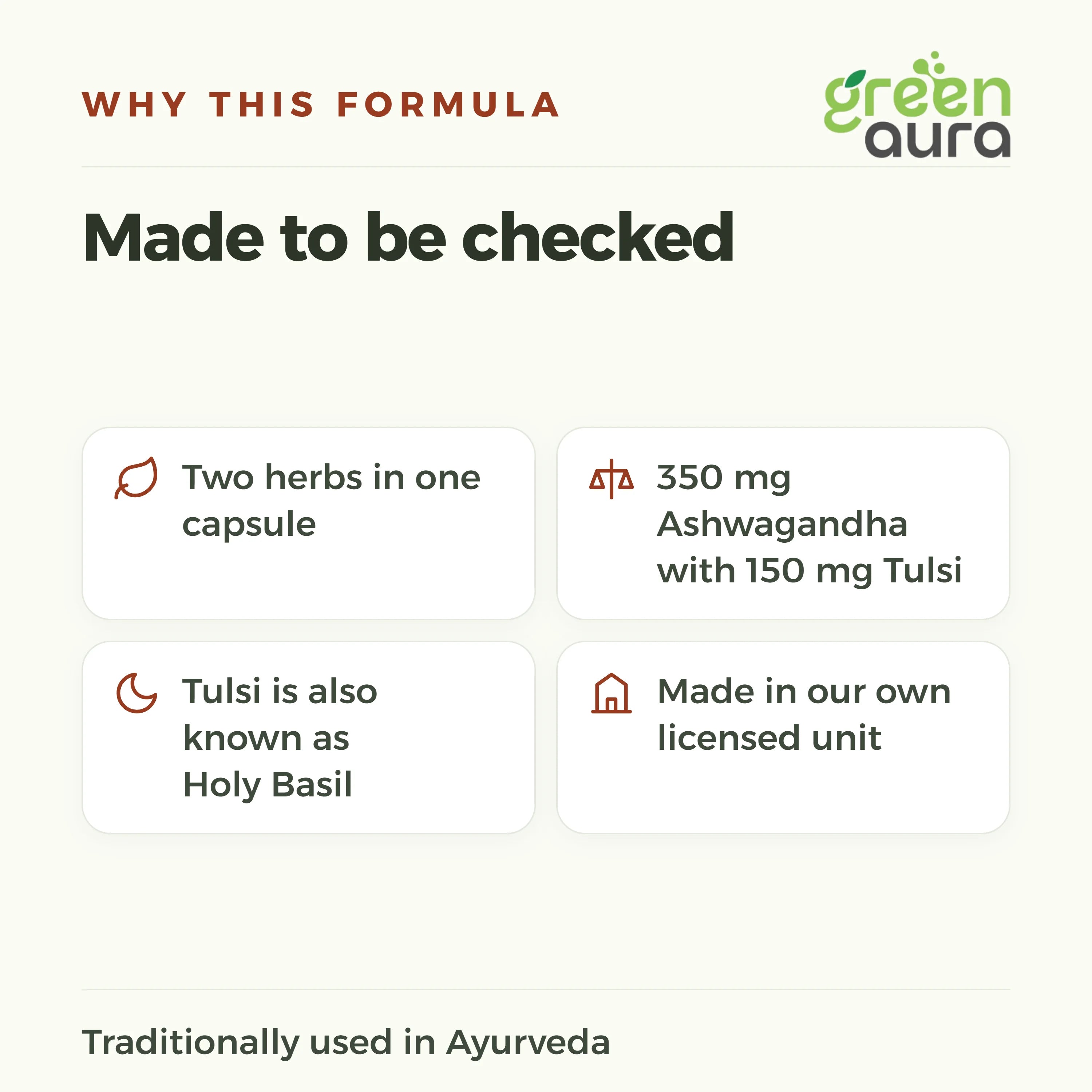 Why this formula: two herbs in one capsule, 350 mg Ashwagandha with 150 mg Tulsi, made in our own licensed unit
